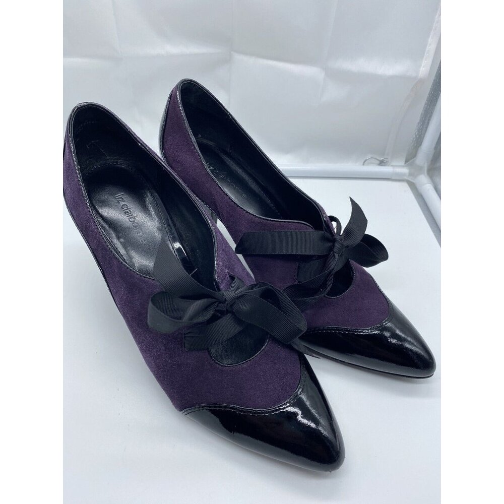 Liz Claiborne Raleigh Black Violet Leather Suede Lace Up Oxford Heels Women's 8